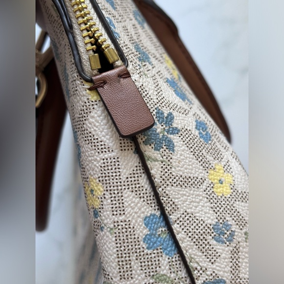 Michael Kors Cindy Vanilla Dome Satchel Purse Floral Print Blue Yellow Leather - Picture 14 of 17
